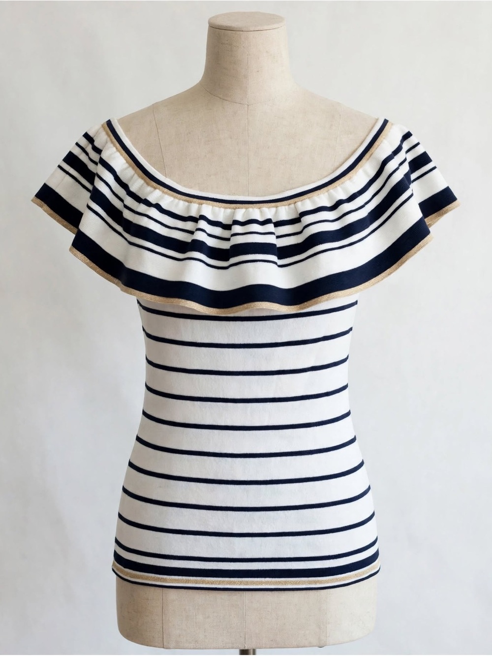 Lilly Pulitzer White, Navy & Gold Striped Off-Shoulder Ruffle Tank size M